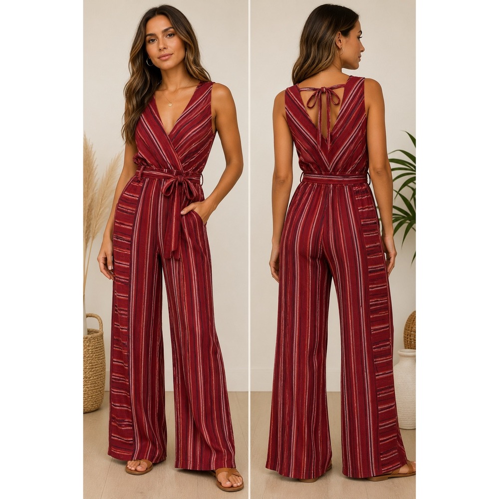 Indigo Rein Women Burgundy Striped Linen Blend Wide Leg Jumpsuit WQ9232C2 L